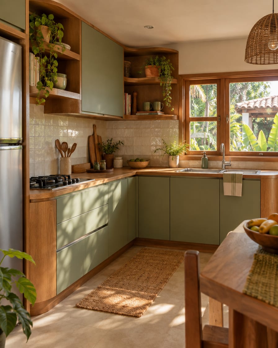 Canto de cozinha planejada em madeira com tons de verde e mel